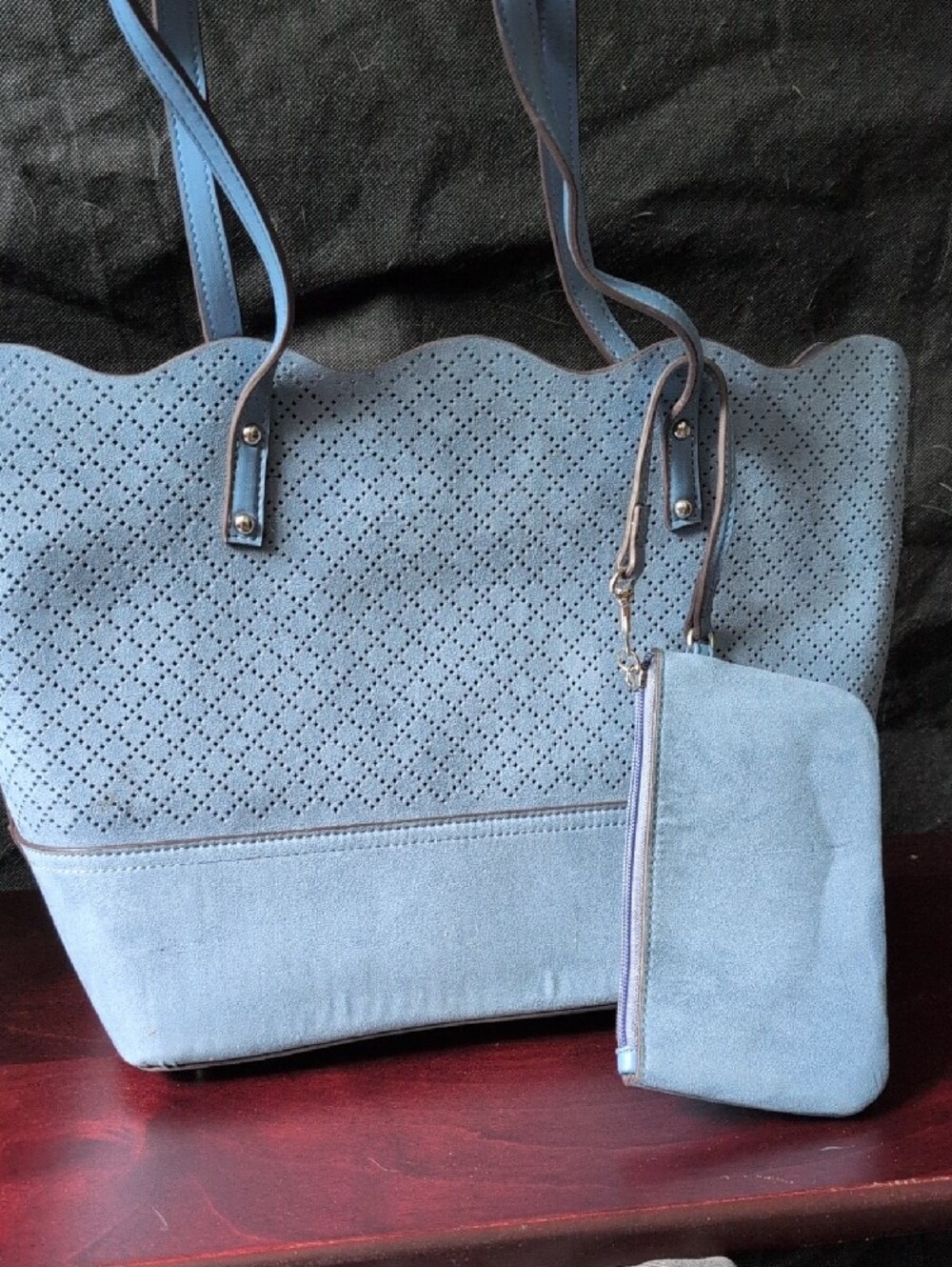 NWOT 3 Pieces Light Blue Tote Bag with Pouch and Wristlet - Picture 2 of 7